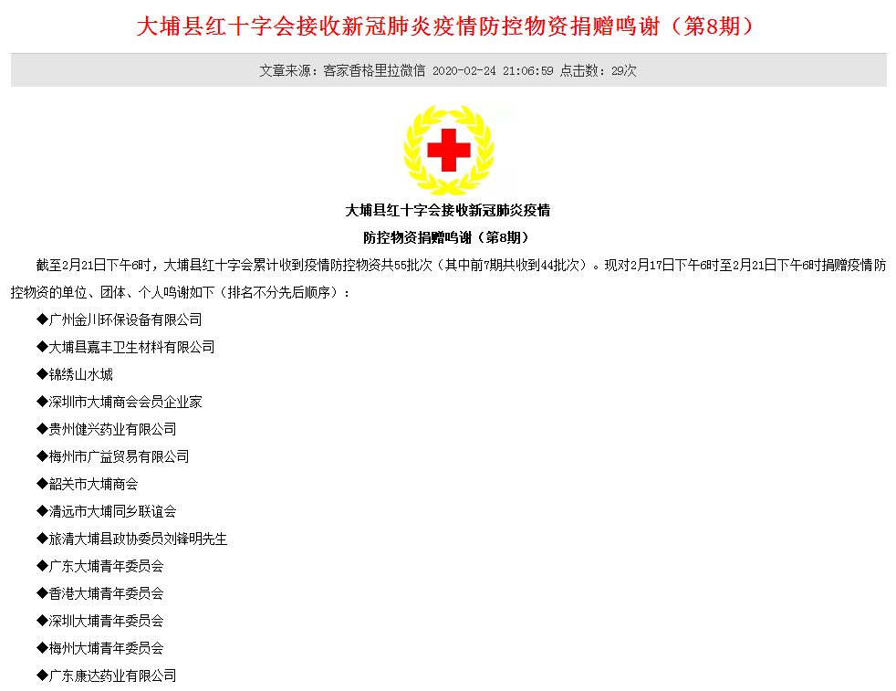 金川給大埔縣紅十字會(huì)、蕉嶺縣紅十字會(huì)等捐贈(zèng)消毒液用于疫情防控